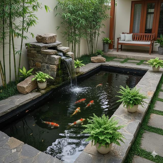 Model Kolam Ikan Batu Alam dan Bambu