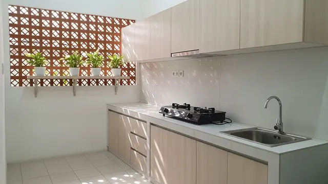 Desain Dapur Kecil Minimalis dengan Kombinasi Roster dan Tanaman