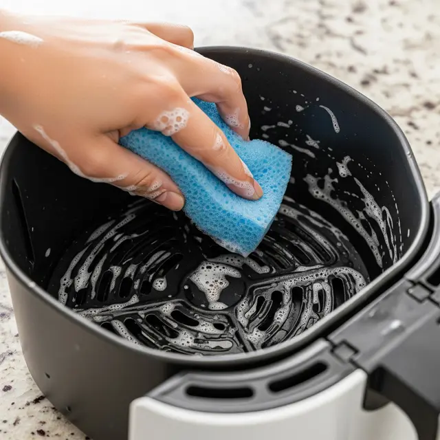 Ilustrasi membersihkan air fryer (Image by Gemini AI)