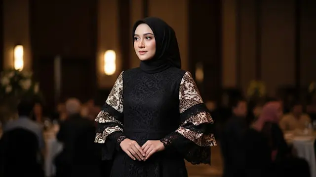 Long Dress Batik Brokat Lengan Tiga Lapis