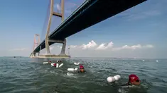 Prajurit Korps Marinir TNI AL berenang melintas selat Madura dari Surabaya sepanjang 5,4 km, Kamis (28/4). Renang yang mengambil start di Jembatan Suramadu dan finish di Bangkalan Madura ini untuk memperingati HUT Pasmar 1 ke-15. (Juni KRISWANTO/AFP)
