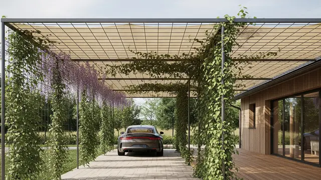 Desain Carport Minimalis dengan Tanaman Pembatas (Image by Gemini AI)