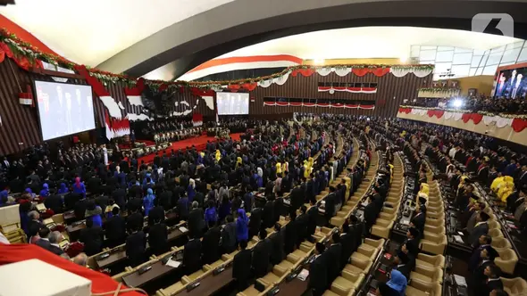 Suasana pelantikan Presiden dan Wapres 2019 di Gedung MPR/DPR/DPD RI, Senayan, Jakarta, Minggu (20/10/2019). Jokowi-Ma'ruf Amin resmi dilantik sebagai Presiden dan Wapres RI periode 2019-2024. (Liputan6.com/Johan Tallo)