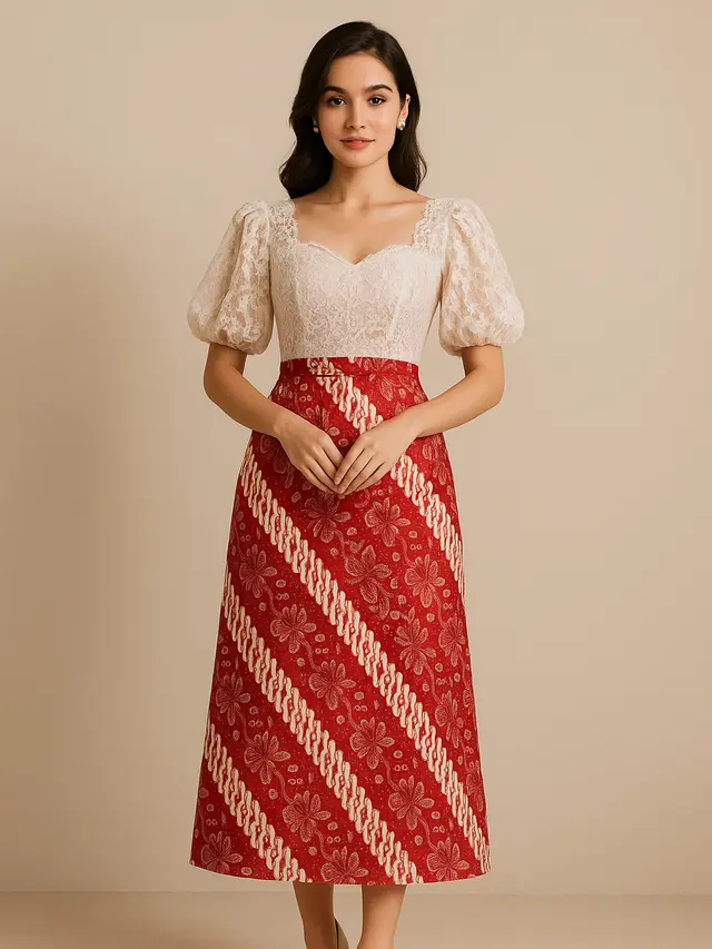 Dress Batik Kombinasi Brokat Lengan Balon