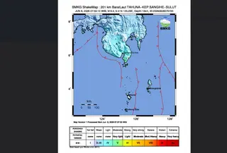 Gempa bumi pukul 07.55.10 WIB, Senin (8/6/2026) bermagnitudo 6 terjadi di Kepulauan Sangihe, Sulawesi Utara. (www.bmkg.go.id)