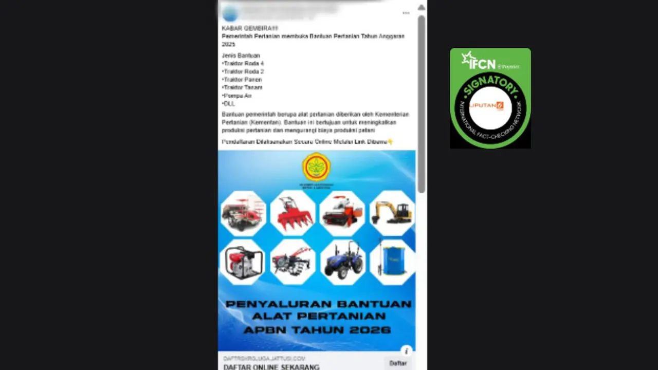 Tangkapan layar link pendaftaran bantuan alat pertanian dari Kementerian Pertanian (Kementan) yang beredar di Facebook.