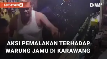 Aksi pemalakan di warung jamu di Desa Kedaung, Karawang, viral di medsos. Terlihat pria yang diduga meminta "jatah" mengamuk dan memecahkan botol jamu.