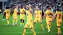 Pemain Borussia Dortmund, Ramy Bensebain, melakukan selebrasi setelah mencetak gol ke gawang Juventus dalam matchday pertama League Phase Liga Champions 2025/2026 di Allianz Stadium, Rabu (17/9/2025) dini hari WIB. (Marco Alpozzi/LaPresse via AP)