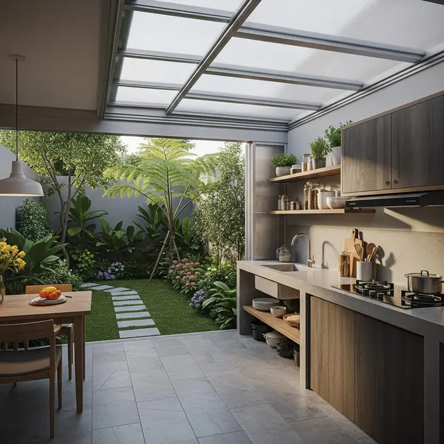 Ide Dapur Semi Outdoor dengan Taman Belakang