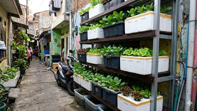 Hidroponik Sayur Mini di Gang Sempit dengan Rak Bertingkat