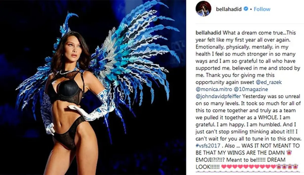 “Terima kasih atas kesempatan dan dukungan untukku @ed_razek @monica.mitro @10magazine @johndavidpfeiffer. Kemarin sangat tak terpikir untukku. Aku sungguh bahagia dan tak berhenti membayangkannya,” lanjut Bella. (Instagram/bellahadid)