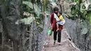Warga menggendong anaknya saat melintasi jembatan gantung yang sudah tidak layak di kawasan Srengseng Sawah, Jakarta, Sabtu (12/6/2021). Kondisi jembatan gantung di atas Sungai Ciliwung itu saat ini tidak layak dan dapat membahayakan keselamatan warga yang melintas. (merdeka.com/Iqbal S. Nugroho)