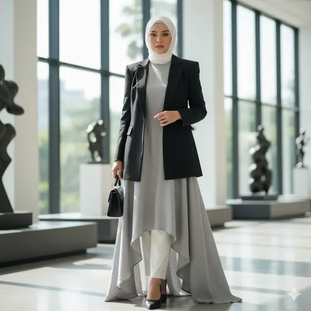 Gamis High-Low dengan Blazer Struktur Tegas (Gemini AI)