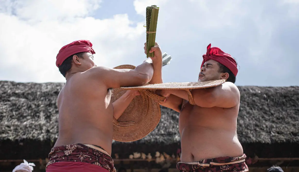 Anak laki-laki mengambil bagian dalam ritual tahunan "Perang Pandan" (pertarungan daun Pandan), yang secara lokal dikenal sebagai "Mekare-kare," untuk menghormati Indra, dewa perang Hindu, di Tenganan Pegringsingan, Bali pada Kamis 11 Juni 2026. (LANA PRIATNA/AFP)