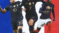 Ilustrasi - Kylian Mbappe, Griezmann, Ousmane Dembele Prancis (Bola.com/Bayu Kurniawan Santoso)