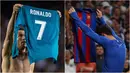 Bintang Real Madrid, Cristiano Ronaldo, menyindir bintang Barcelona, Lionel Messi, dengan meniru gaya selebrasi sang rival usai mencetak gol pada leg pertama Piala Super Spanyol 2017 di Camp Nou, Minggu (13/8/2017). (Kolase foto-foto dari AFP)