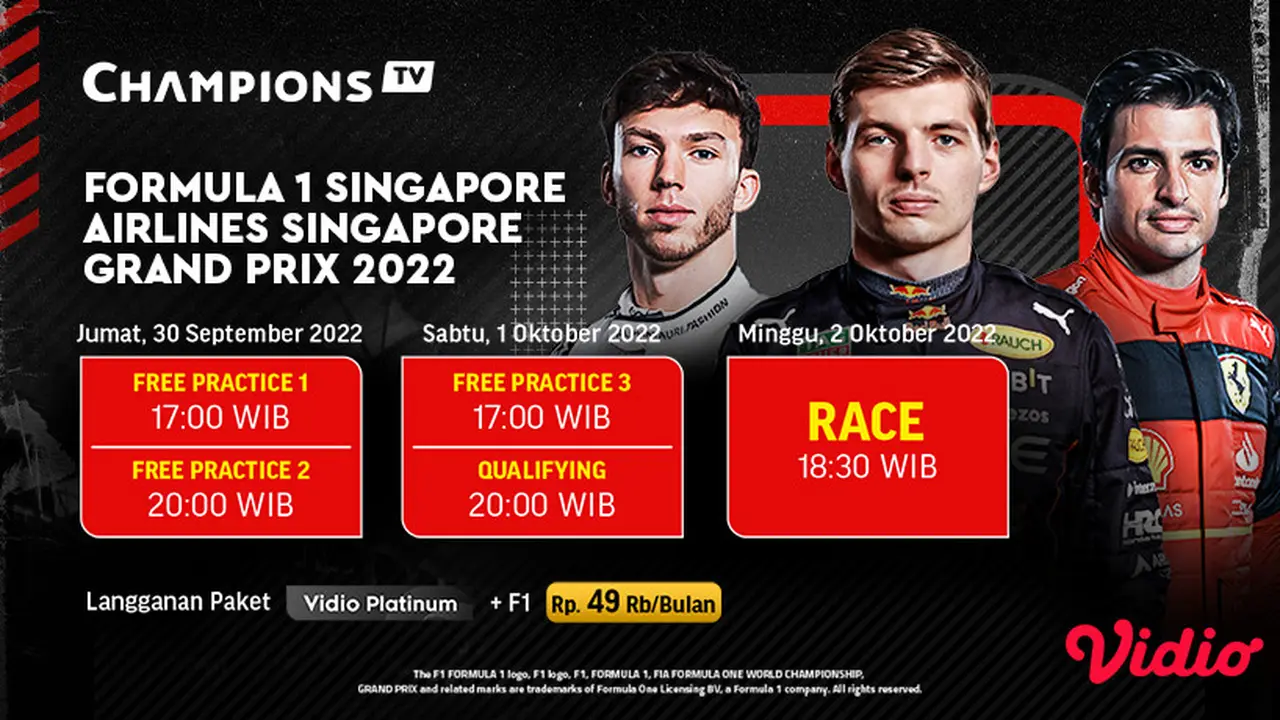 Jadwal dan Live Streaming F1 GP Singapura 2022 di Vidio, 30 September - 2 Oktober 2022