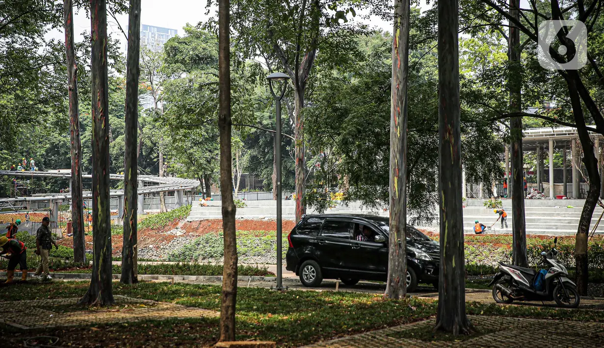 Sejumlah pekerja melakukan revitalisasi Taman Tebet menjadi Tebet Eco Garden di Tebet, Jakarta Selatan, Kamis (14/10/2021). Pembangunan taman seluas tujuh hektare tersebut ditargetkan selesai pada Desember tahun ini. (Liputan6.com/Faizal Fanani)