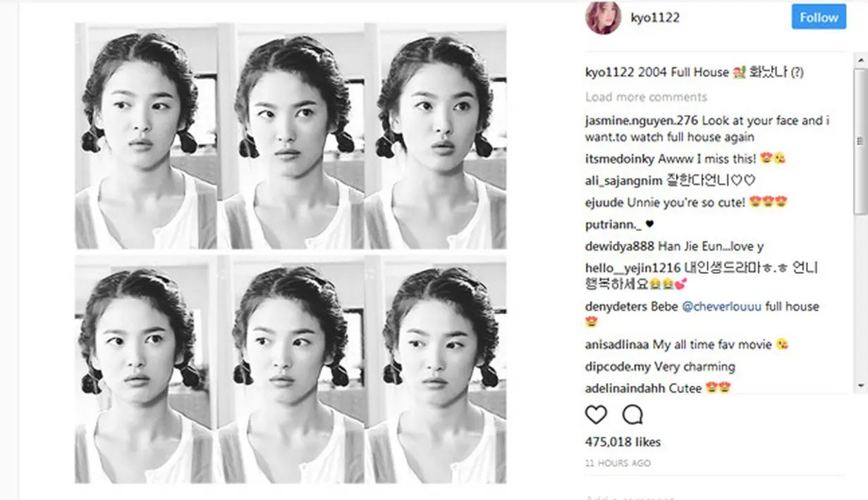 Beberapa jam lalu, Song Hye Kyo mengunggah kolase foto dirinya. Di foto itu, Song Hye Kyo terlihat begitu cantk dengan rambutnya yang dikepang. Dalam captionnya, ia menuliskan “2004 Full House”. (Instagram/kyo1122)