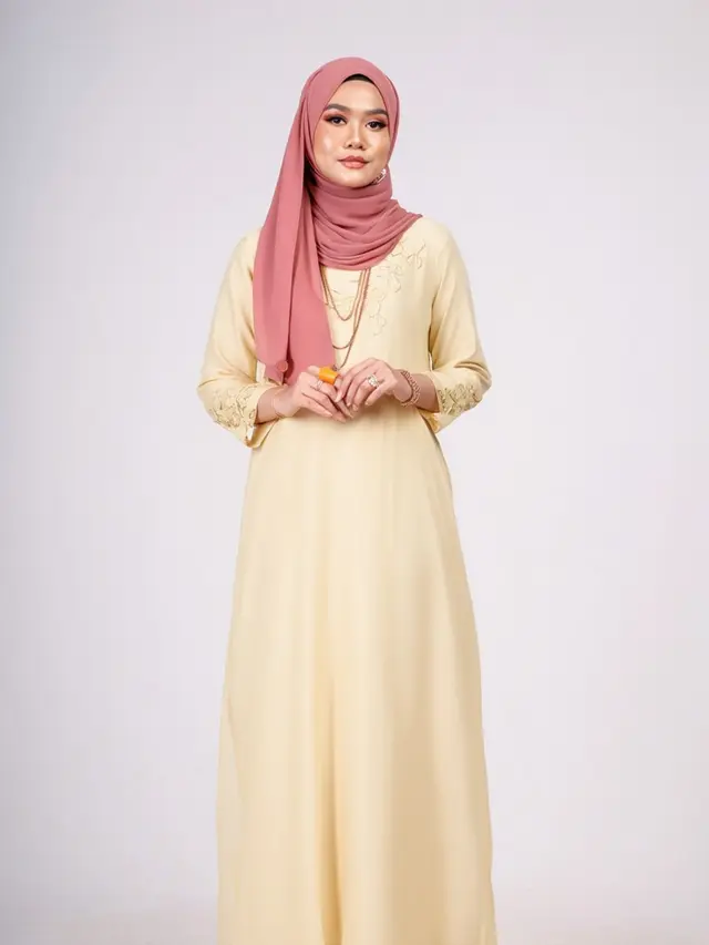 Warna jilbab yang cocok dipadukan dengan gamis butter yellow (Foto: Reve Art AI)