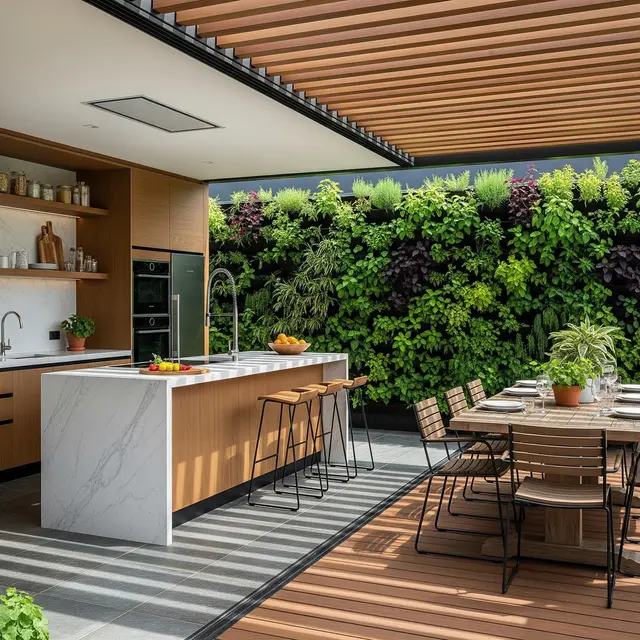 Model Dapur Kecil dengan Tanaman Hijau di Belakang dan Sekat Minimalis