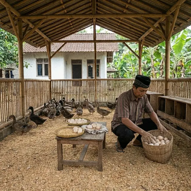Mengambil dan menyortir telur ternak bebek di halaman rumah tanpa kolam (Gemini AI)