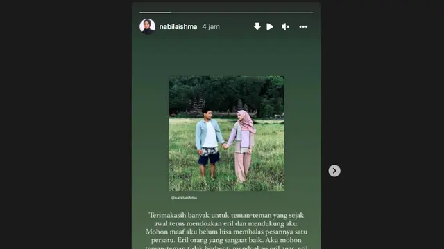 Pacar Anak Ridwan Kamil, Nabila Ishma menuliskan pesan haru untuk Emmeril Kahn Mumtadz (Eril) di Instagram pribadinya. (Instagram.com/nabilaishma)