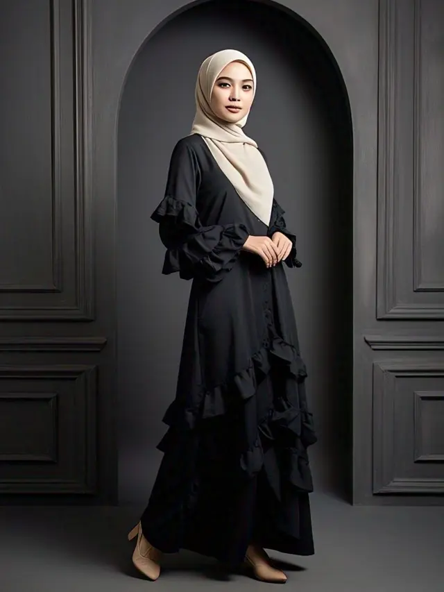 Gamis Hitam Polos dengan Detail Ruffle