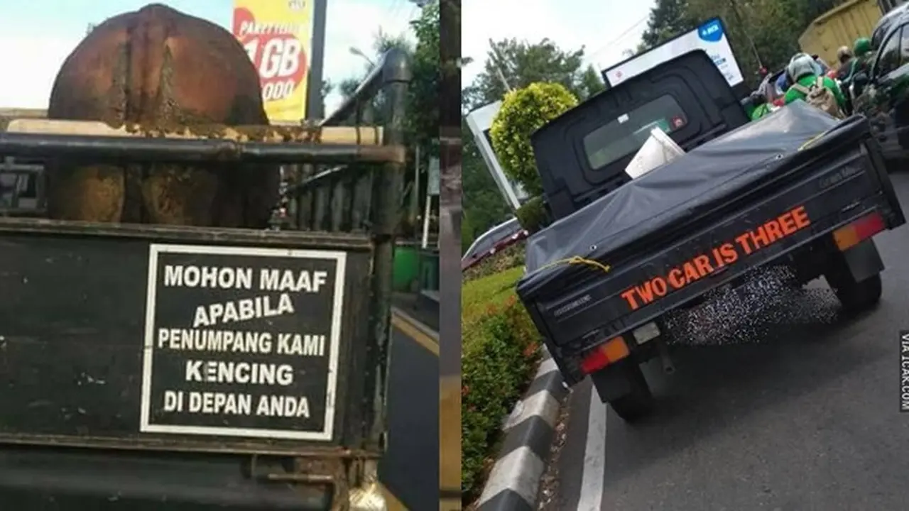 6 Tulisan Lucu di Belakang Mobil Bak Terbuka, Pengendara Lain Gagal Fokus