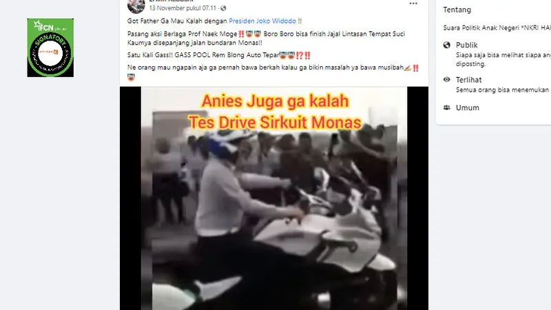 Cek Fakta Liputan6.com menelusuri klaim video Anies Baswedan test drive Sirkuit Monas