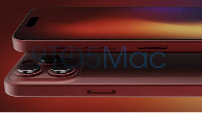 Gambar render iPhone 15 Pro menunjukkan varian warna merah tua (9to5mac)