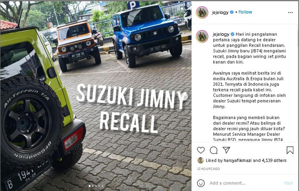 Julian Johan berbagi pengalaman recall Jimny di akun Instagramnya (Instagram/@jejelogy)