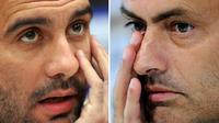 Manajer Manchester City Josep Guardiola (kiri) dan manajer Manchester United Jose Mourinho (kanan). (AFP/Sergei Supinsky dan Javier Soriano)