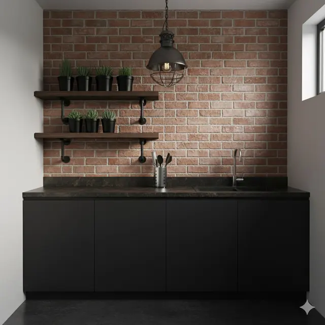 Desain Dapur Minimalis 2x3 Meter dengan Rak Kayu Gantung Ala Rustic Modern. Gemini