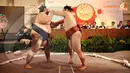 Pegulat Sumo menjalani ritual tachiai yang bertujuan mengukur kekuatan lawan. (Liputan6.com/Helmi Fithriansyah)