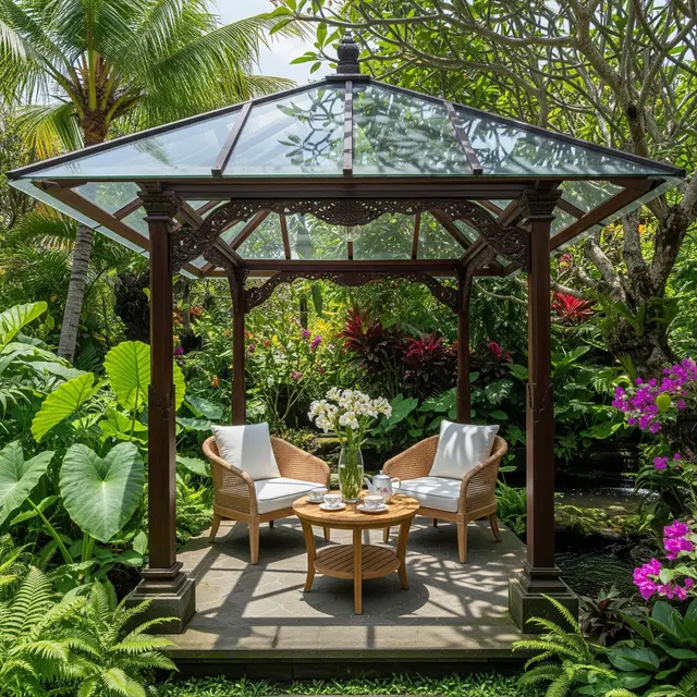 Desain Gazebo dengan Atap Transparan Agar Tetap Terang di Siang Hari (AI)