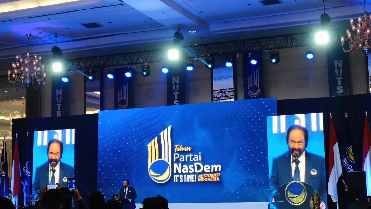 Ketua Umum Partai Nasdem Surya Paloh dalam sambutan di HUT Partai Nasdem, Jakarta, Jumat (11/11/2022)