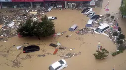 Sejumlah mobil terendam banjir yang disebabkan oleh angin topan Chaba di Ulsan, Korea Selatan, 5 Oktober 2016. Aktivitas transportasi, sekolah, pabrik dan pelabuhan dihentikan akibat topan ini. (REUTERS/Kim Yong-tae / Yonhap)