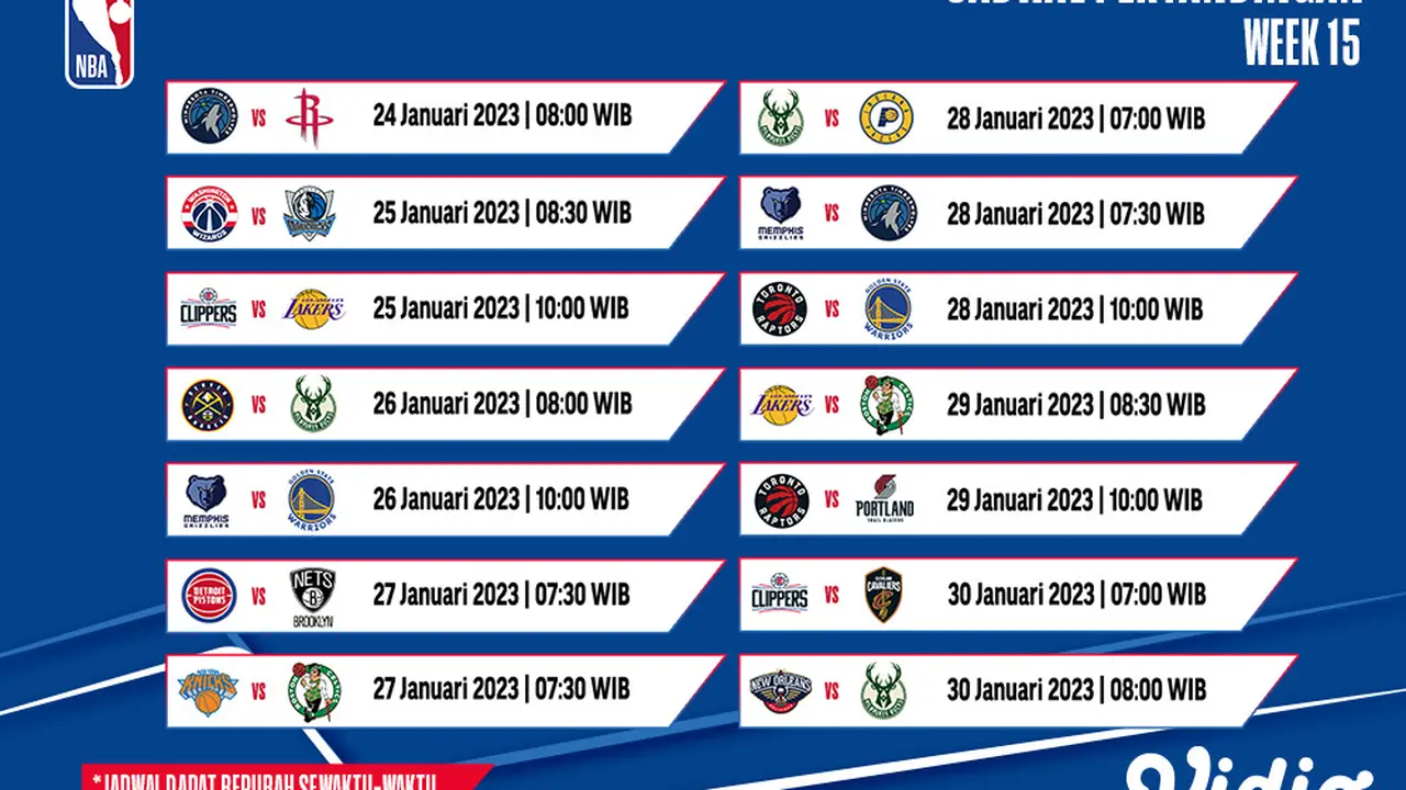 Jadwal dan Live Streaming NBA 2022/2023 Week 15 di Vidio, 24-30 Januari 2023