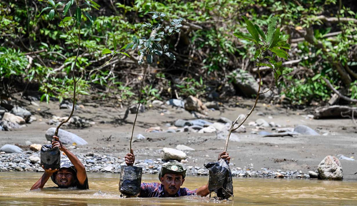 Peringatan ini menjadi momen penting bagi masyarakat setempat untuk merefleksikan kembali pentingnya menjaga sumber daya alam demi keberlangsungan generasi mendatang. Tampak dalam foto, orang-orang membawa pohon menyeberangi sungai untuk ditanam di jalur hutan dalam rangka memperingati Hari Bumi di Jantho, Provinsi Aceh, pada Rabu 22 April 2026. (CHAIDEER MAHYUDDIN/AFP)
