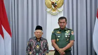 Wapres Ma'ruf Amin bertemu KSAD Jenderal TNI Maruli Simanjuntak di Kediaman Resmi Wapres pada Rabu (31/01/2024) sore. Dalam kesempatan itu, Wapres meminta KSAD ikut menyukseskan terselenggaranya Pemilu 2024. (Foto: BPMI Setwapres)