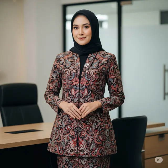 Model Baju Batik Kantor Wanita Berjilbab Modern. Foto: Gemini