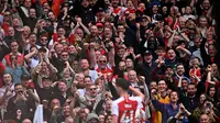 Bintang Arsenal Declan Rice saat merayakan gol ke gawang Bournemouth pada lanjutan Liga Inggris 2023/2024. (JUSTIN TALLIS / AFP)
