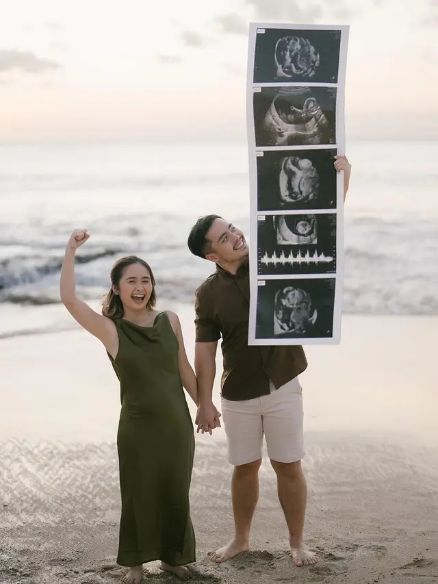 6 Gaya Maternity Shoot Gritte Agatha yang Tengah Hamil Anak Pertama, Elegan Bergaun Hijau Berpose di Pantai
