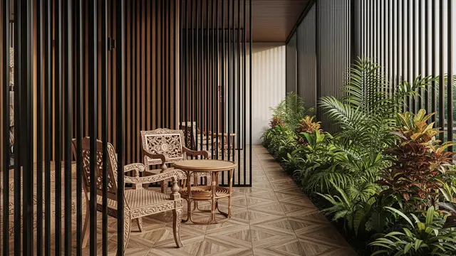 Teras Industrial Vintage dengan Pagar Kayu dan Besi