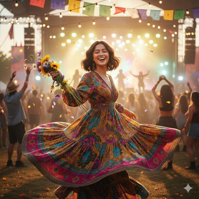 Prompt AI Edit Foto Festival Musik Gaya Boho Outdoor