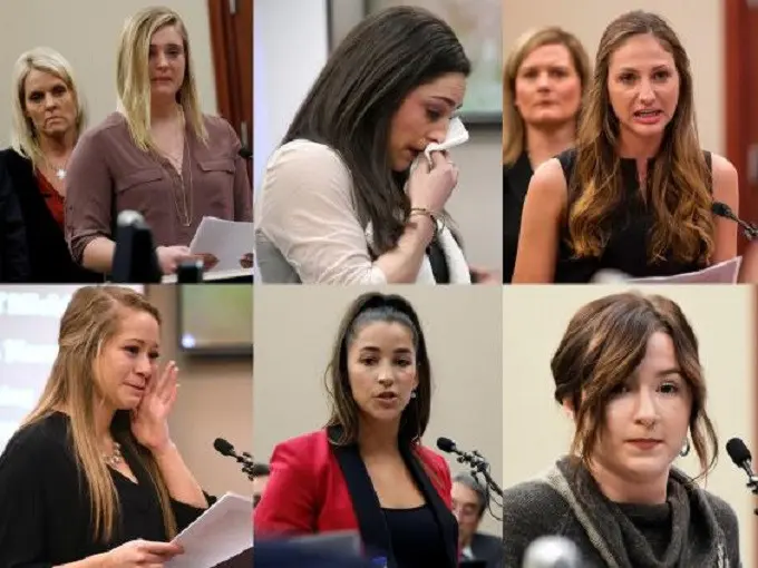 Maddie Johnson, Jordyn Wieber, Kyle Stephens, Emily Morales, Aly Raisman and Bailey Lorencen saat membacakan laporan pelecehan sang dokter. (AP/AFP)