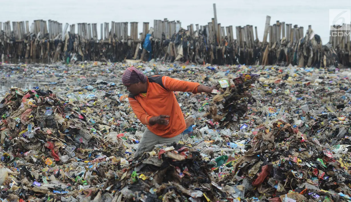 Petugas membersihkan sampah plastik yang menumpuk di kawasan wisata hutan Mangrove Muara Angke, Jakarta, Sabtu (17/3). Sampah-sampah yang memenuhi bibir pantai tersebut berasal dari aliran sungai dan arus gelombang laut. (Merdeka.com/Imam Buhori)
