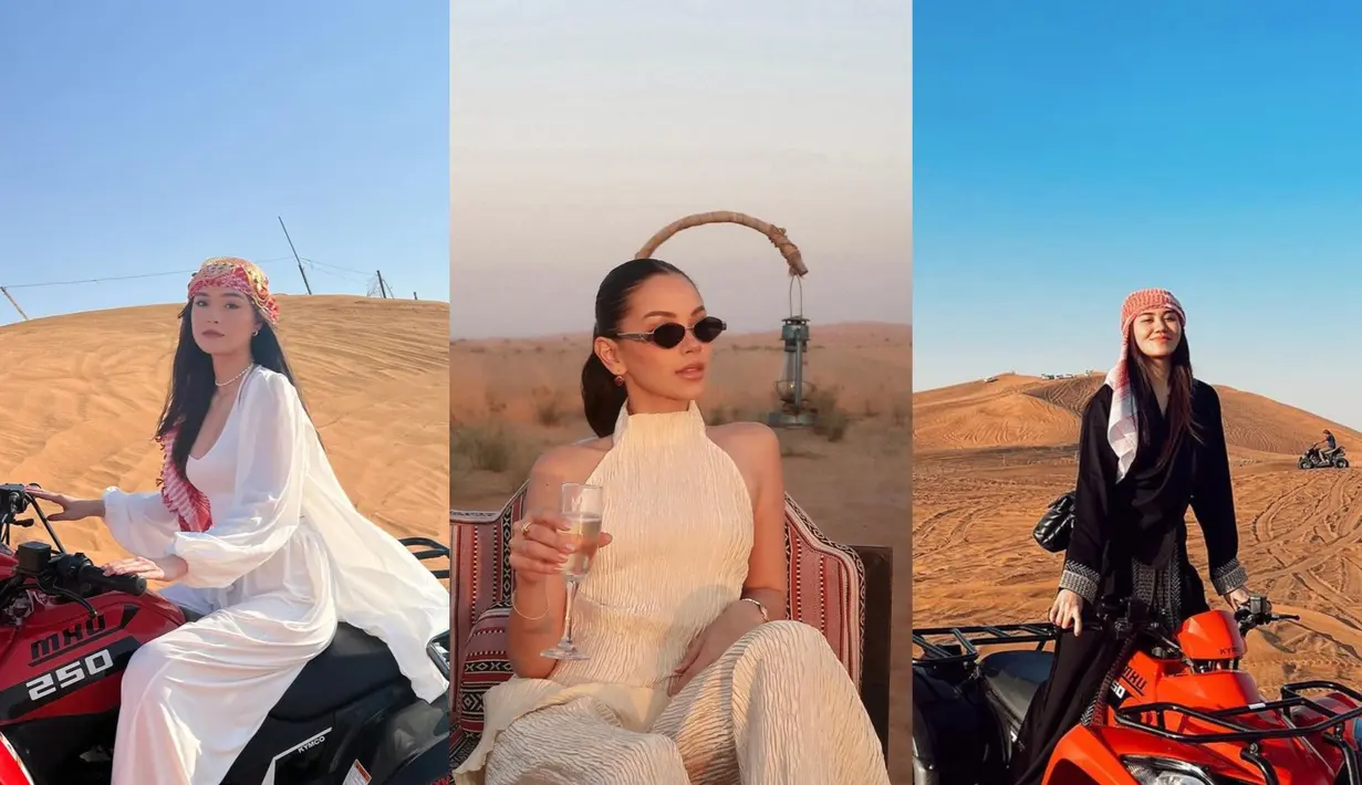 Alyssa Daguise, Caitilin Halderman, dan Aaliyah Massaid menghabiskan waktu liburan di Dubai Desert. Ketiganya tampil dengan gaya busana berbeda yang hadirkan vibes ala putri sultan dan musafir. Siapa yang paling kece? [@caitlinhalderman @alyssadaguise @aaliyah.massaid]