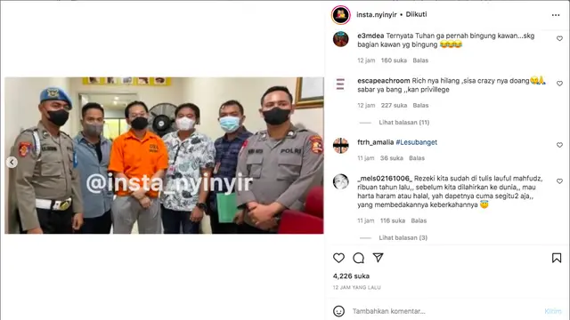 Viral Indra Kenz Kenakan Baju Tahanan, Warganet: Ternyata Tuhan Tidak Bingung Kawan. (instagram.com/insta.nyinyir)